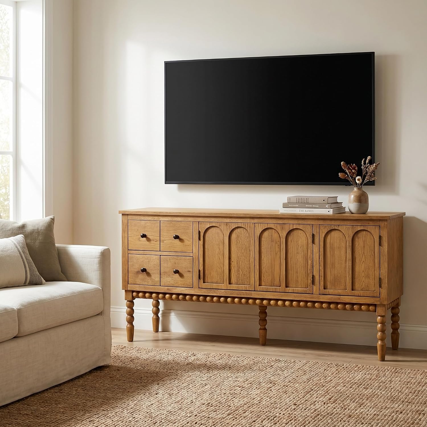 Spindle Leg Oak TV Console Cabinet